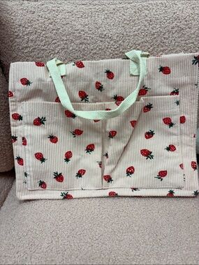 Cream Strawberry-Print Corduroy Tote Bag